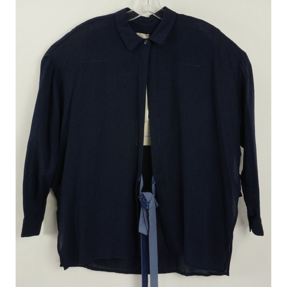 New Merci Women's Small Dark‎ Blue Woven Wool Viscose Open Lace Closure Blouse